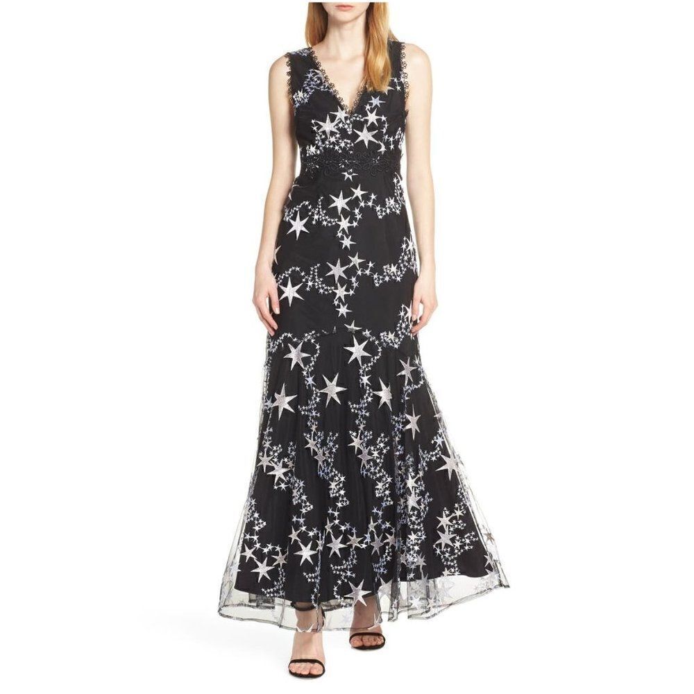 FOXIEDOX Astra Embroidered Trumpet Gown S NWT Black Silver Stars